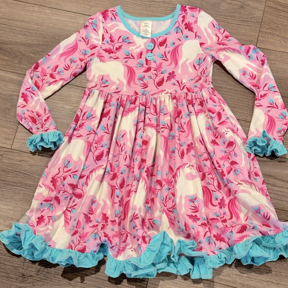 Like New Eleanor Rose 6 Girls Unicorn Pink and Blue Ruffle Dress